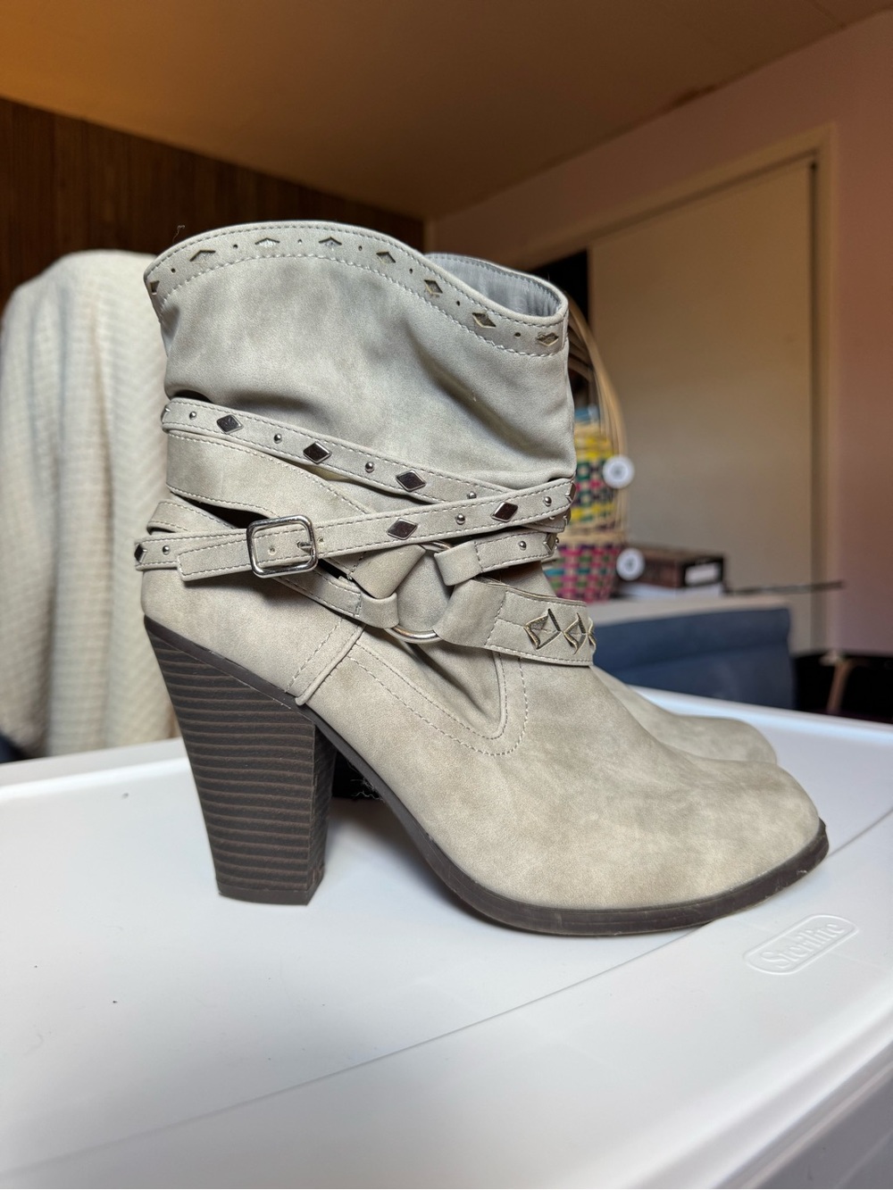 Daisy Fuentes Light Taupe Suede-Style Heeled Ankle Boots